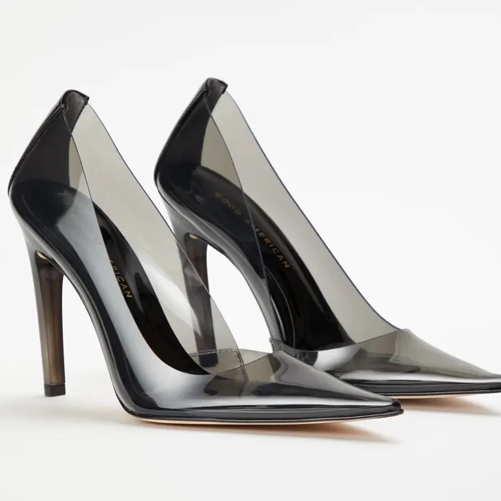 Good American Black Pointed Toe Clear Panel Stiletto Heels